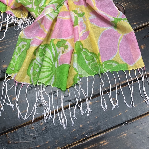 Lilly Pulitzer Murfee Scarf Yellow with Green Butterflies & Pink Flowers - Picture 3 of 7